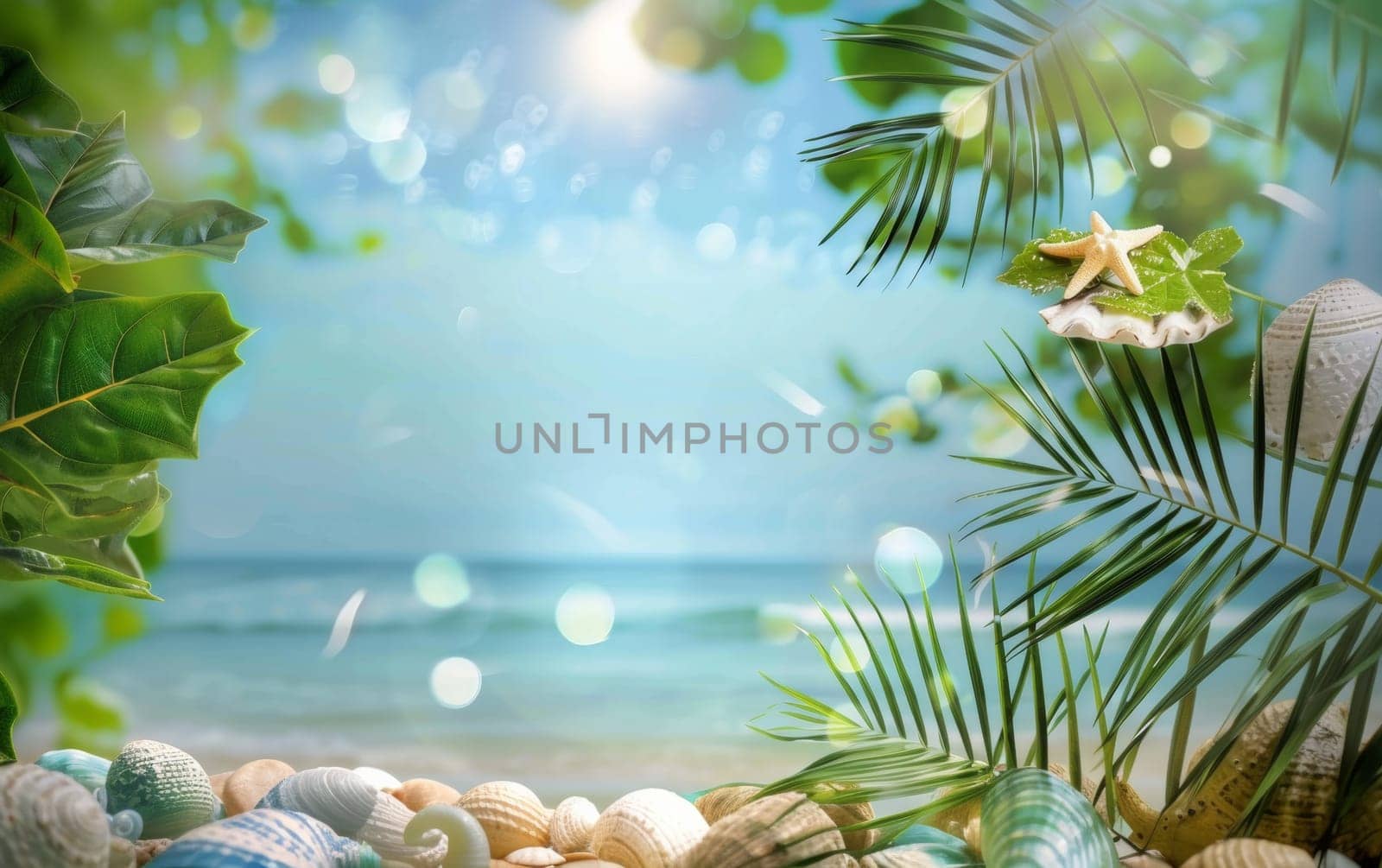 A serene coastal scene with a variety of seashells and greenery, capturing the essence of the ocean's edge under a clear blue sky by sfinks