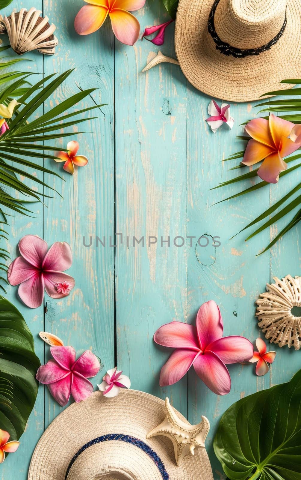 A sun hat, vibrant frangipani flowers, and starfish set on a pastel blue wooden background invoke the spirit of summer and beach holidays by sfinks