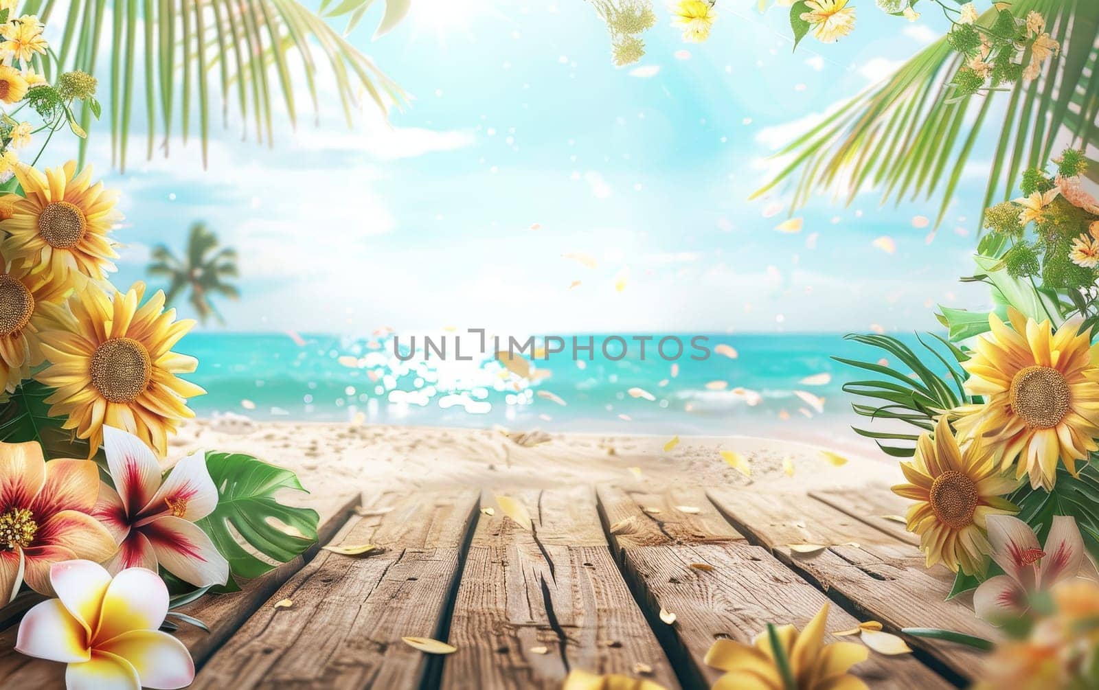 A wooden boardwalk leads the way to a pristine tropical beach, framed by vibrant flowers and palm leaves, with the ocean sparkling in the background.