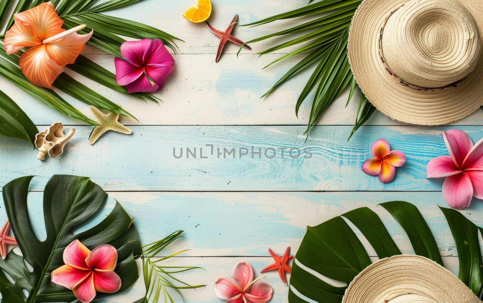 A flat lay of summer beach accessories and tropical flora on a pastel blue wooden background creates a vibrant vacation vibe. The image evokes the joy of a beach getaway by sfinks