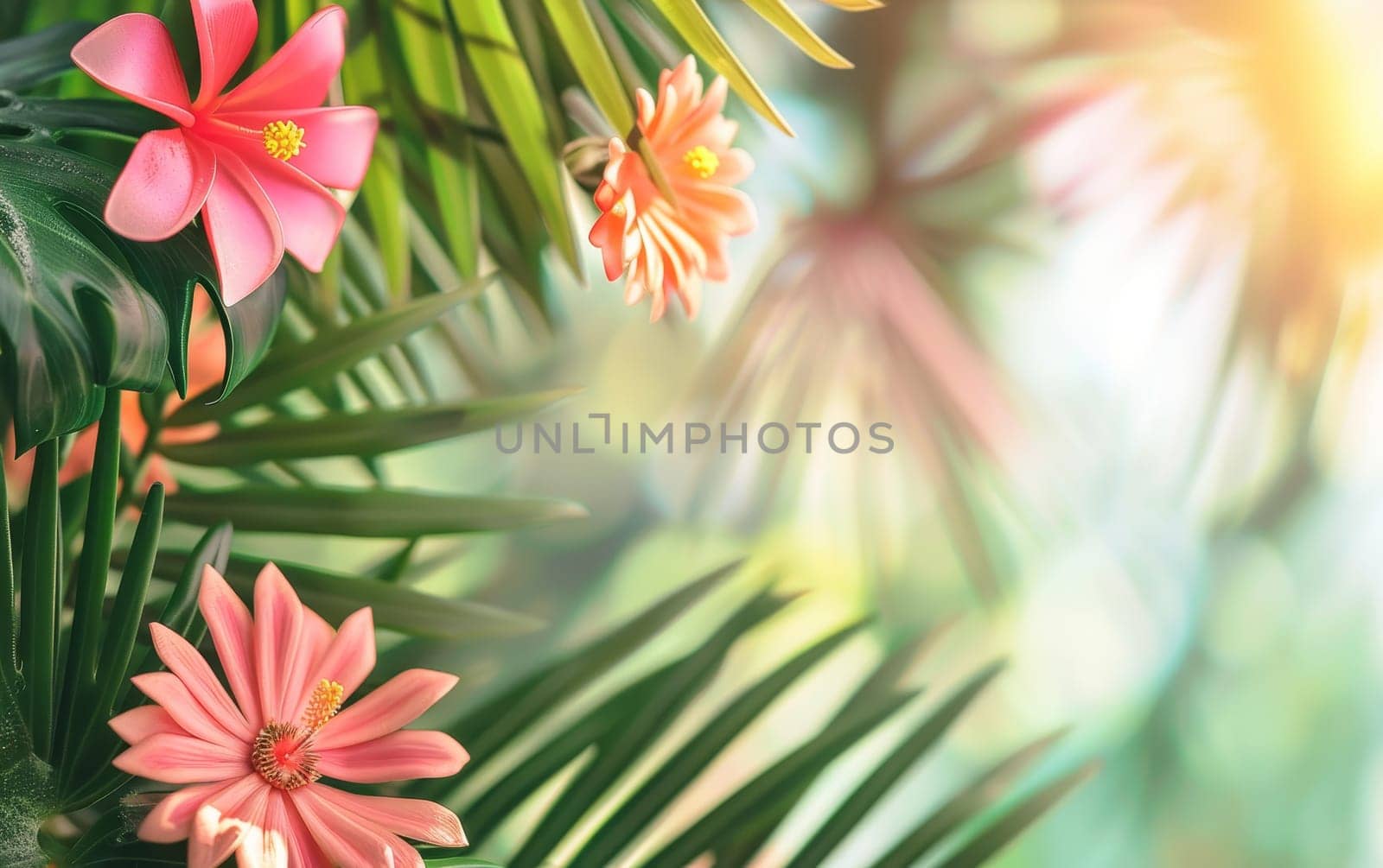 Luminous tropical flowers and palm leaves bask in the warm glow of sunlight, conveying a scene of lush vitality and natural elegance. The image is a celebration of tropical flora in full bloom.