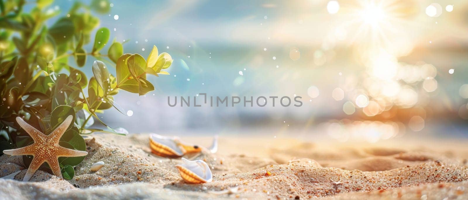 A starfish rests on a sun-kissed beach, accompanied by scattered seashells and lush greenery, as light sparkles on the ocean's surface. This scene captures the tranquil essence of a beach at sunrise by sfinks