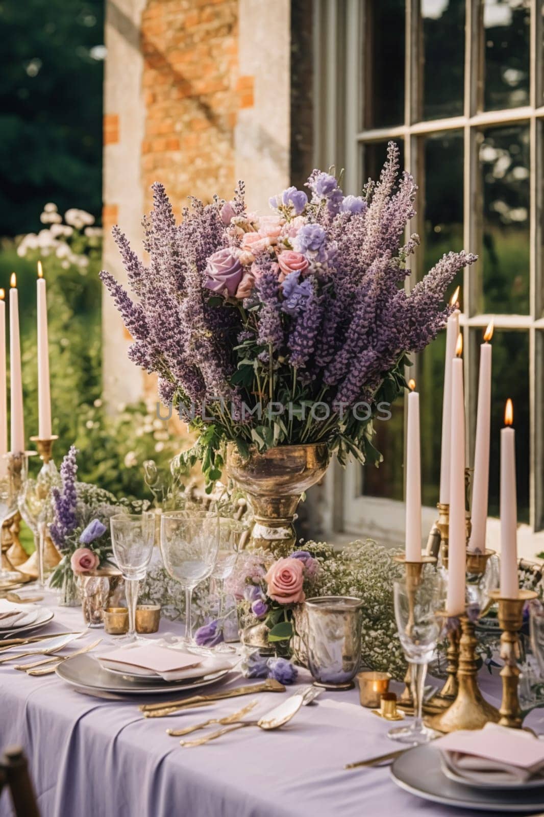 Wedding tablescape, elegant formal dinner table setting, table scape with lavender decoration for holiday party event celebration, post-processed, generative ai