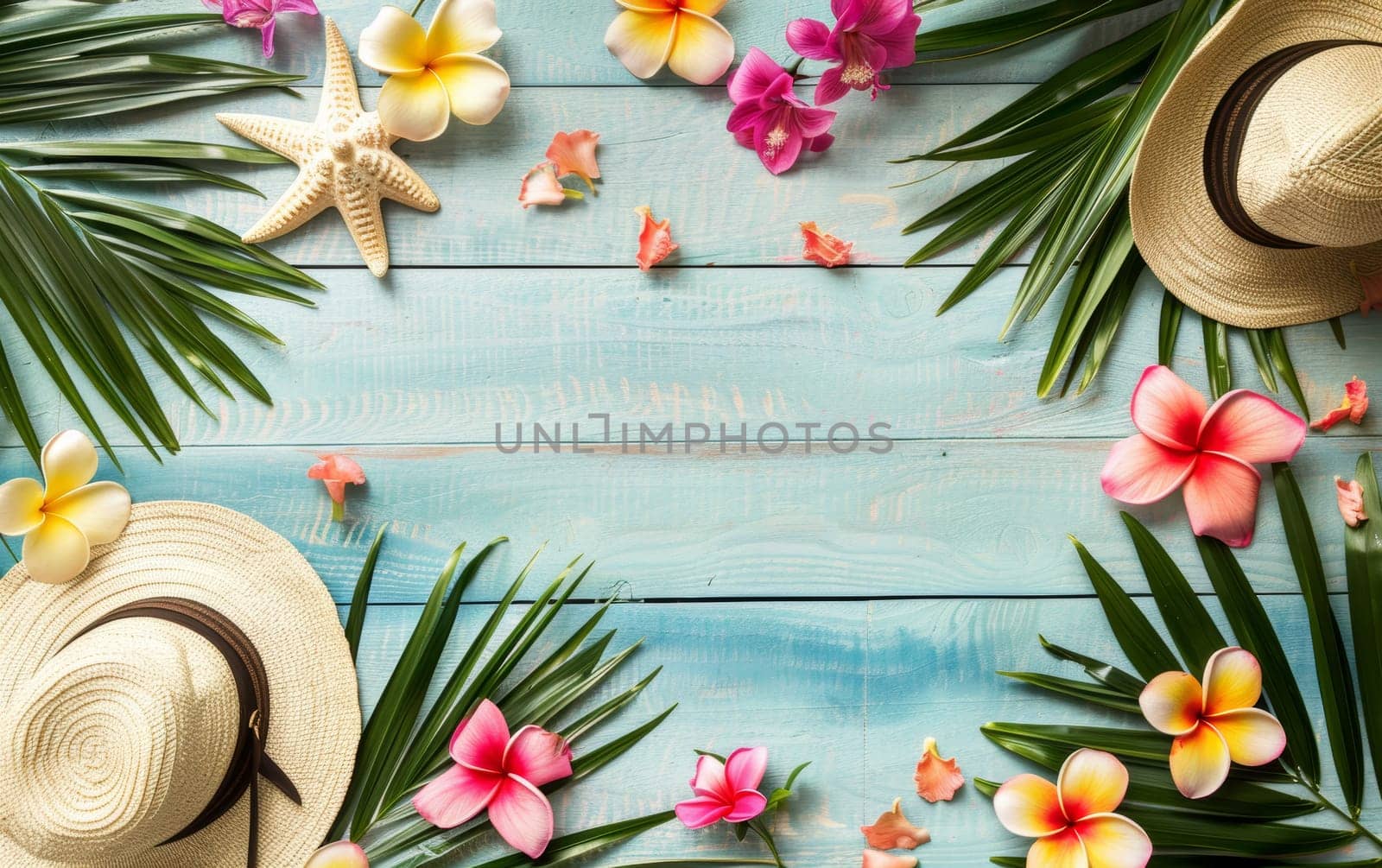 A flat lay of summer beach accessories and tropical flora on a pastel blue wooden background creates a vibrant vacation vibe. The image evokes the joy of a beach getaway.