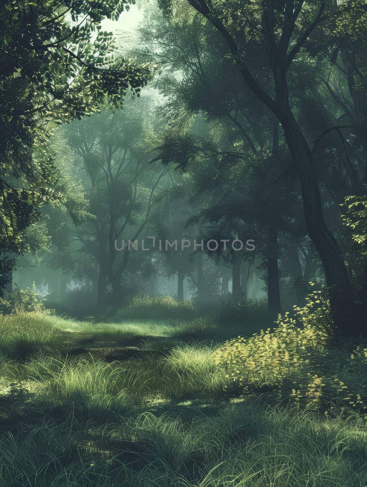 A lush green rainforest with tall trees and colorful plants, with sunlight filtering through the leaves.. by sfinks