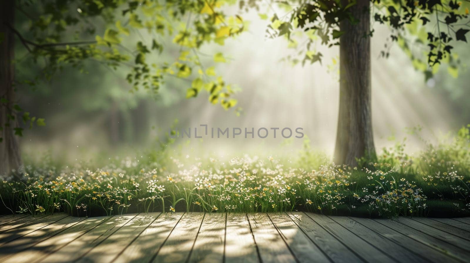 A wooden deck with a table and two chairs sits in front of a lush green forest. Sunlight filters through the trees, casting dappled shadows on the deck