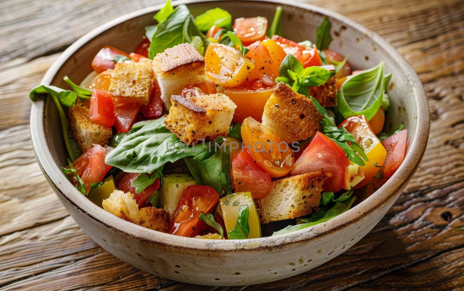 Colorful Tuscan panzanella salad with fresh vegetables, herbs, and toasted bread on a rustic wooden table. by sfinks