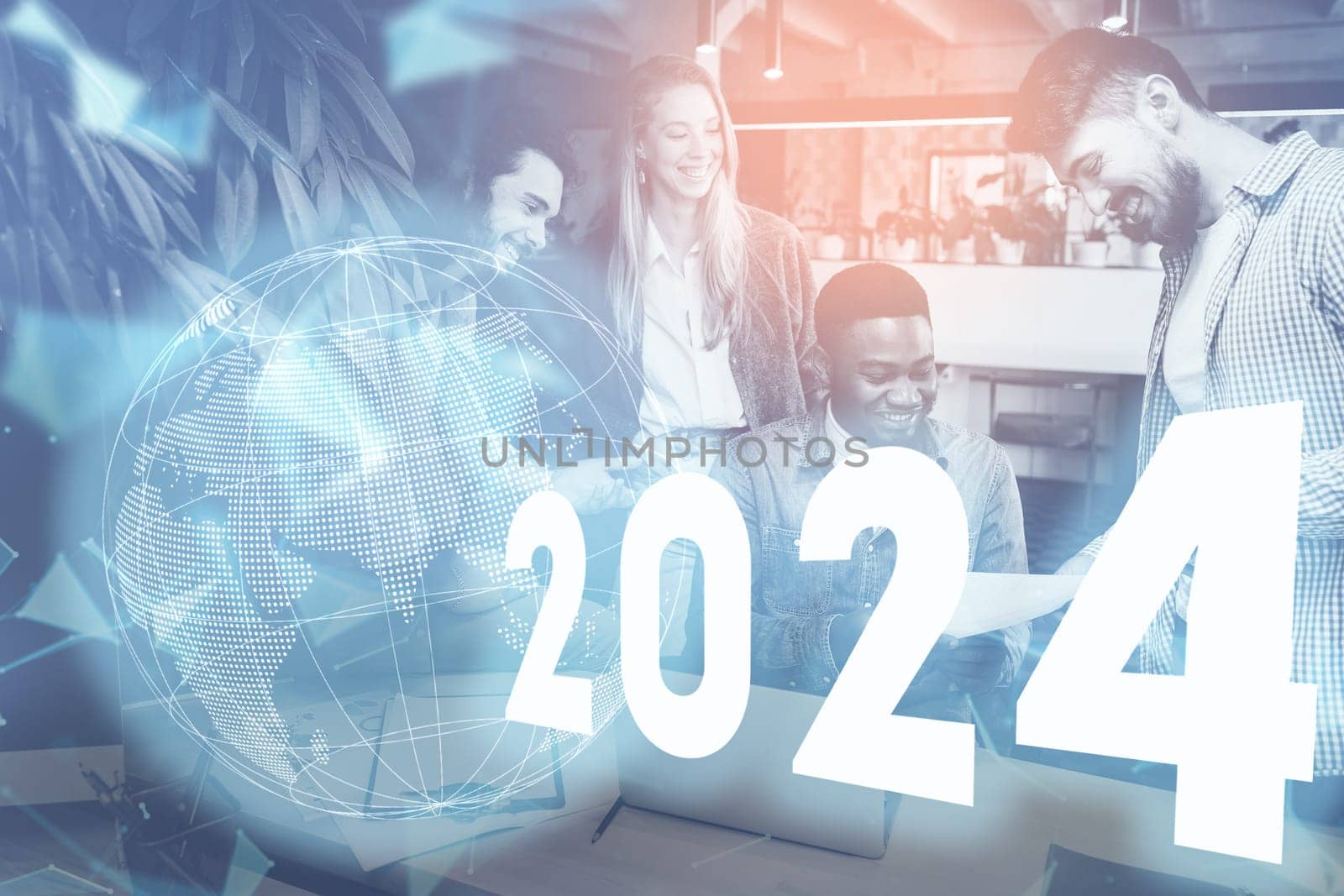 A business team of young people work in office. Year 2024 futuristic concept