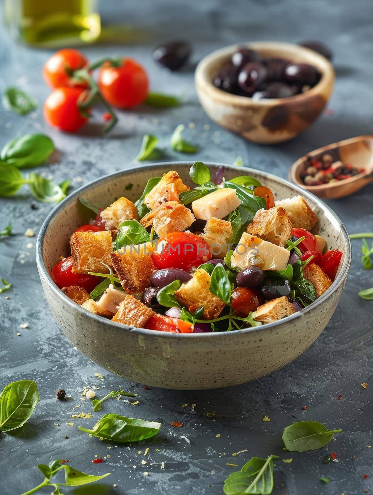 Vibrant salad with fresh vegetables, croutons, and cheese in a bowl, set on a textured surface