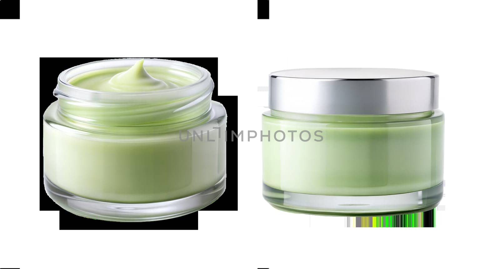 Green cream in glass jar with silver lid isolated on white. Ai generated by alenamoore