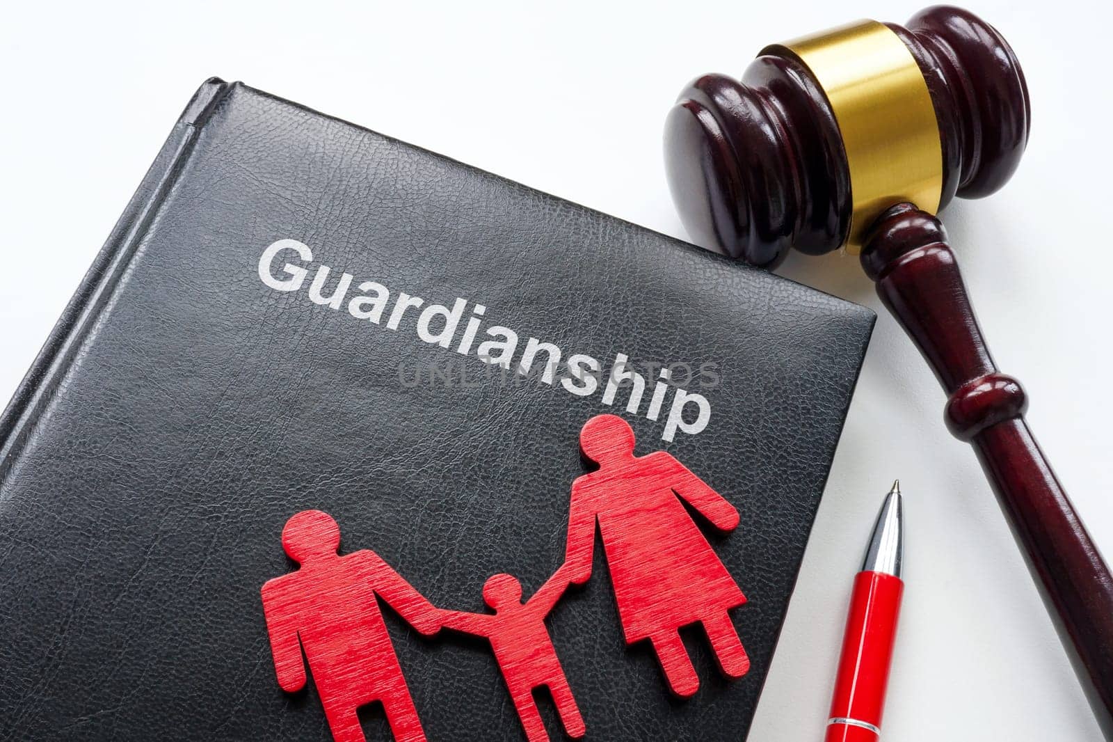 Guardianship law, family figures and a gavel.