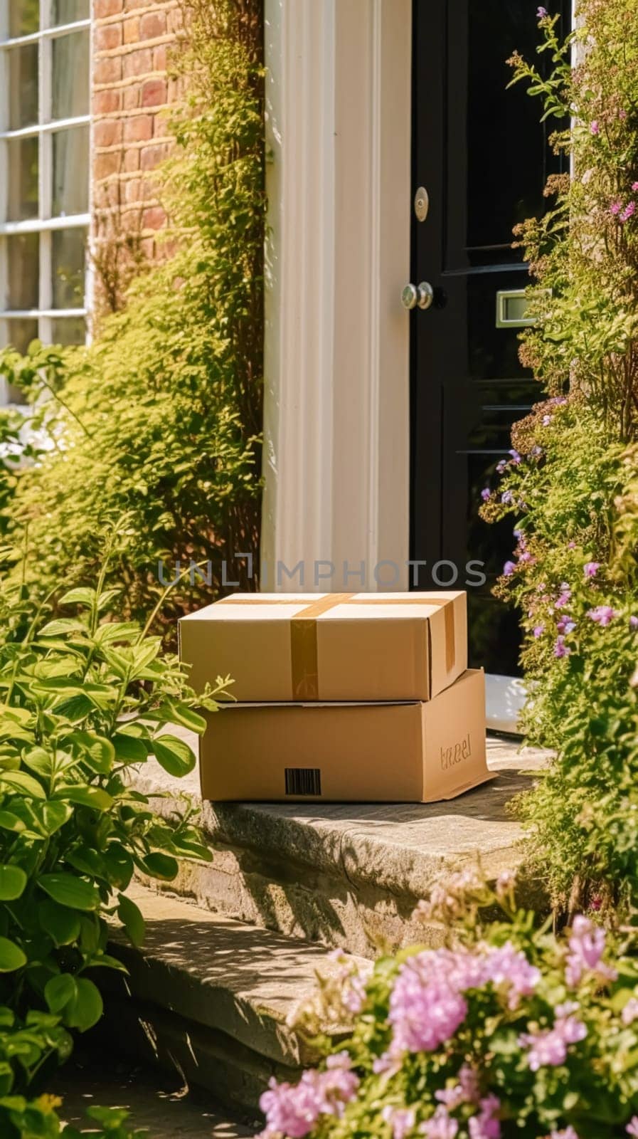 Postal service, home delivery and online shopping, parcel box on a house doorstep in the countryside, post-processed, generative ai