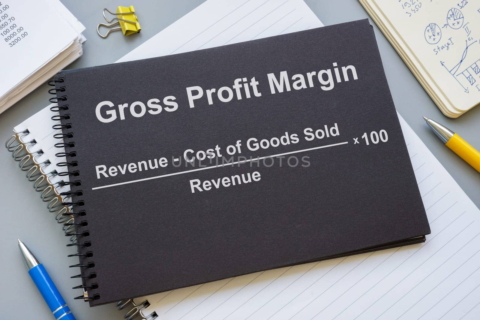 A notepad with Gross Profit margin gpm formula.