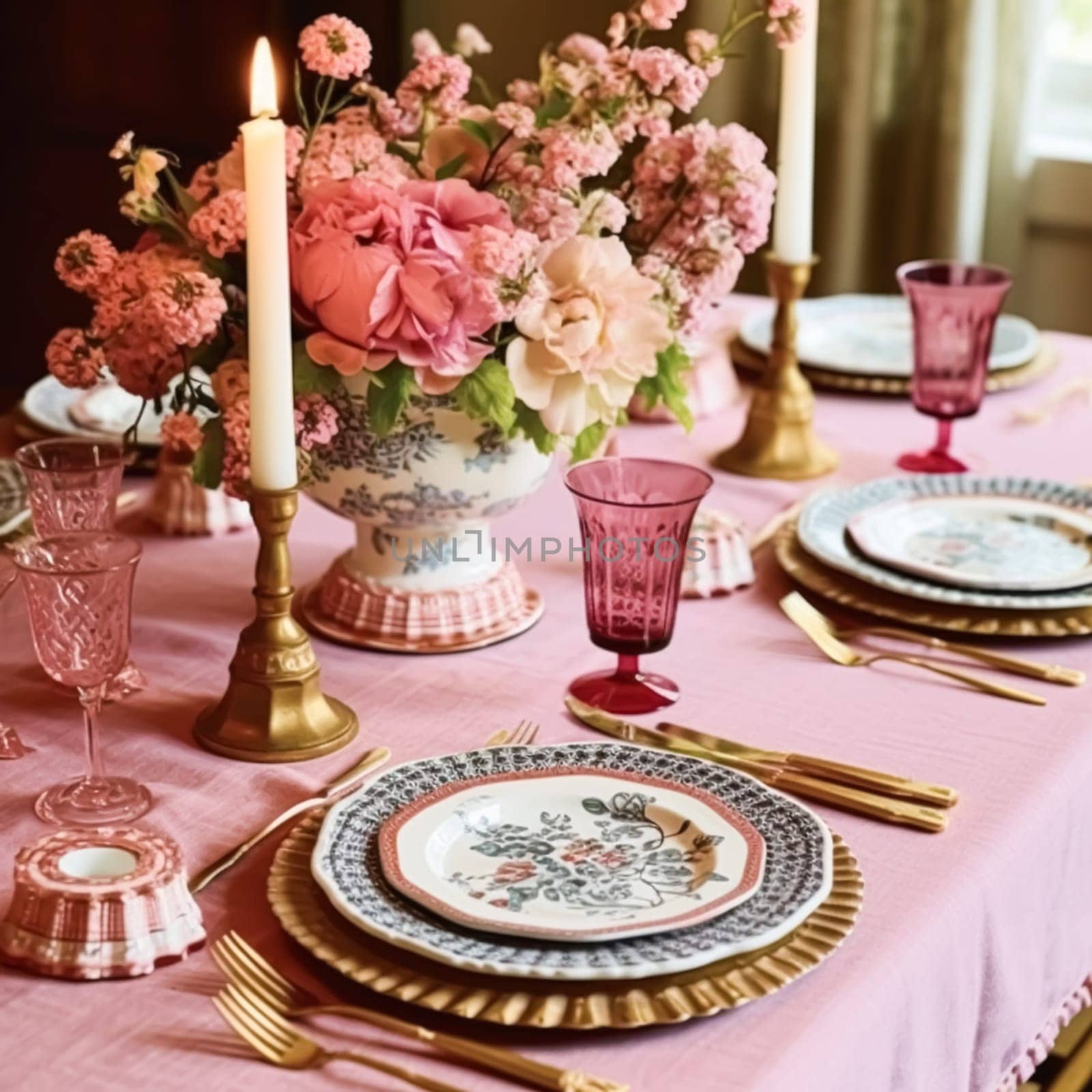 Romantic holiday tablescape, formal dinner table setting, table scape with pink country style decoration for wedding and event celebration, post-processed, generative ai