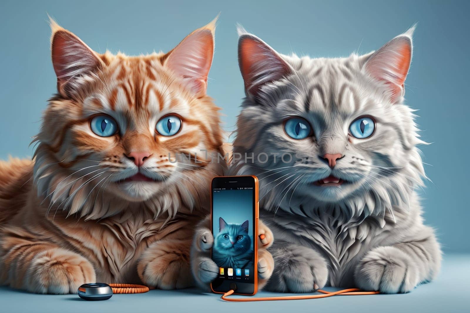 two cute cats with a phone, internet dating concept .