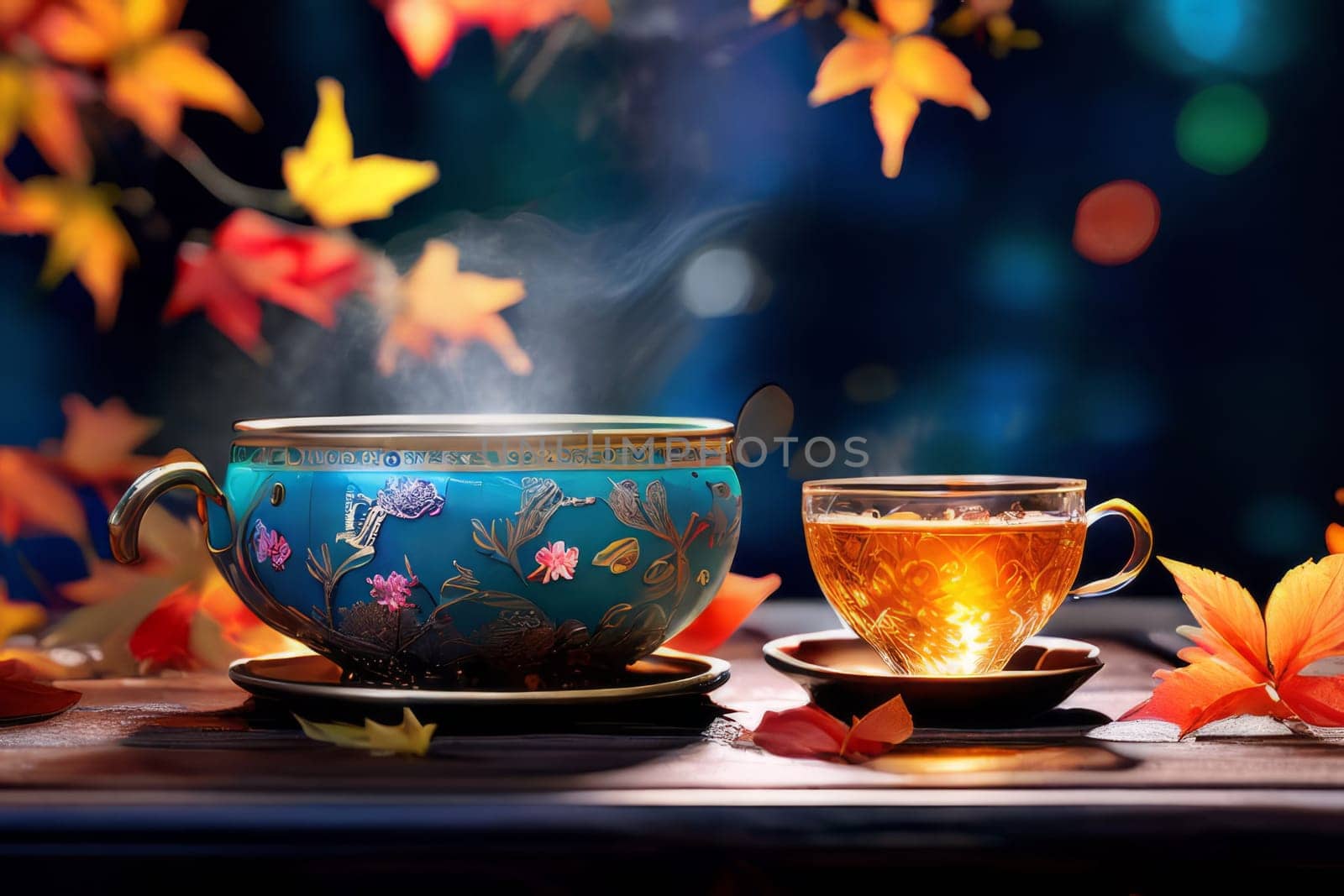Colorful Tea Delight: Exquisite tea arrangement with a variety of cups and loose leaves on a vibrant backdrop, creating a feast for the eyes.