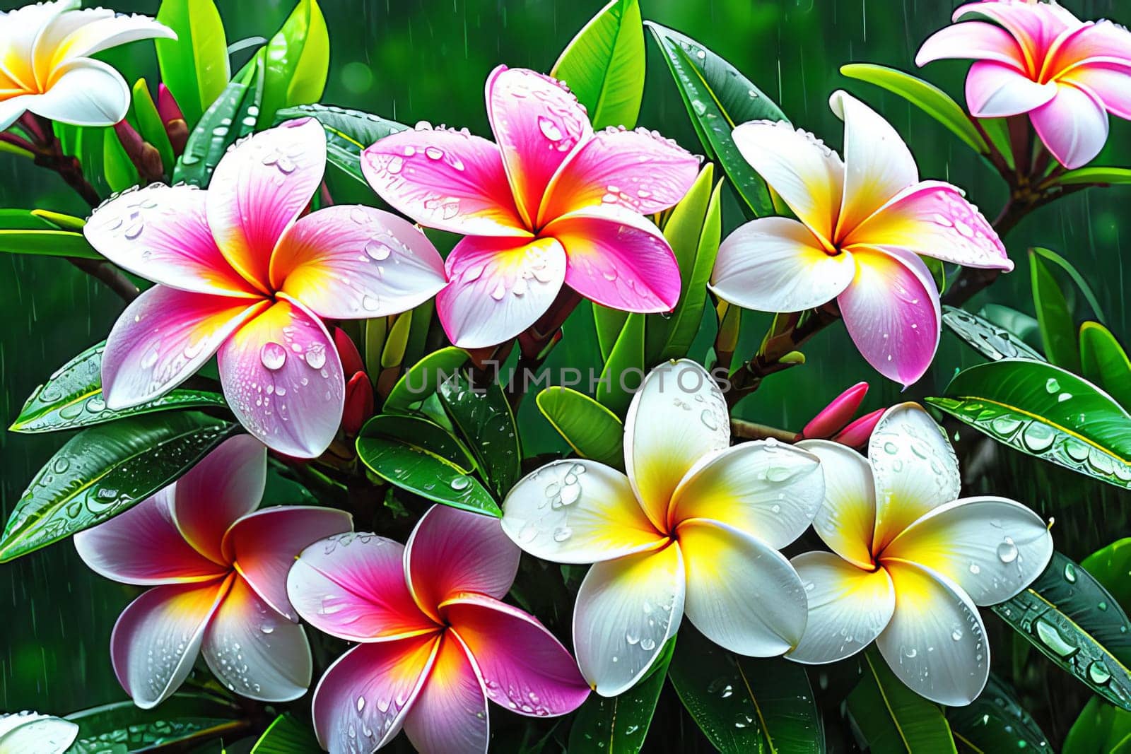 Plumeria flowers with rain drops in a lush tropical garden setting. Perfect for use in advertising, web design, backgrounds, or greeting cards to add a touch of natural beauty and tranquility.