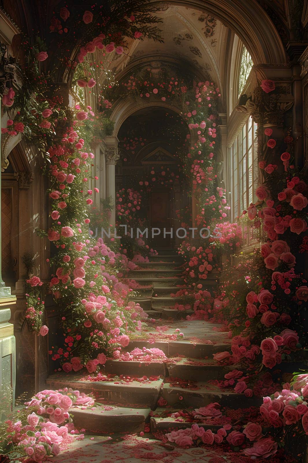 An exquisite display of pink roses and petals decorates a staircase, creating a beautiful and picturesque landscape resembling a floral painting