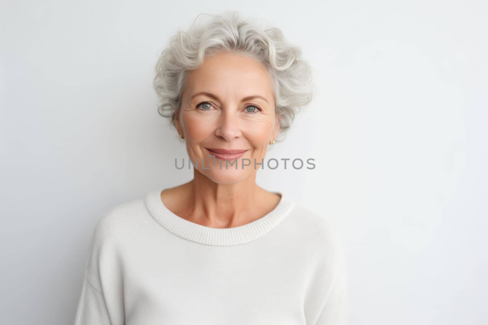 Portrait of beautiful happy smiling mature woman with gray hair looking at camera on white studio background