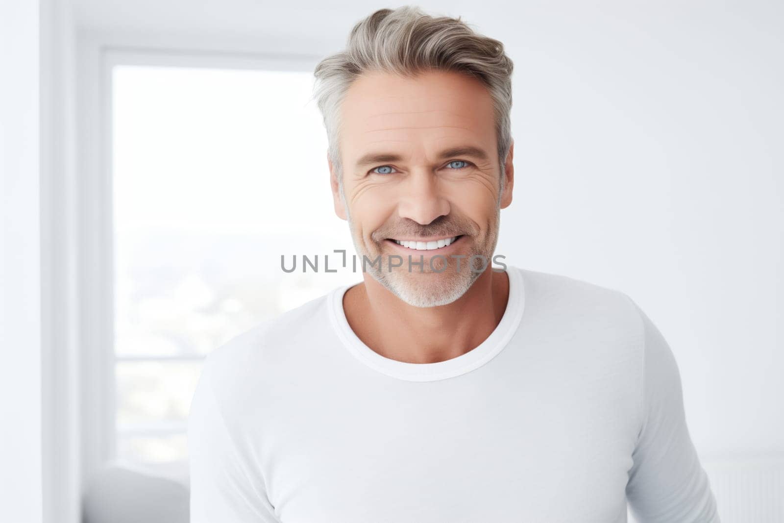 Portrait of handsome happy smiling mature man with toothy smile, gray hair, bearded, looking at camera in white room at home