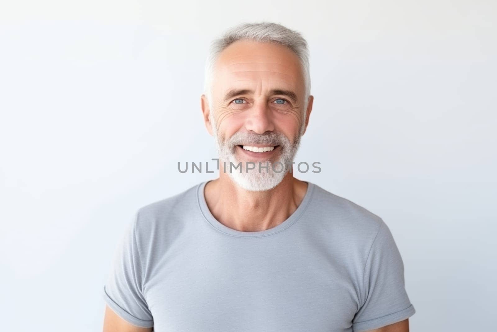 Portrait of handsome happy smiling mature man with toothy smile, gray hair, bearded, looking at camera on white studio background