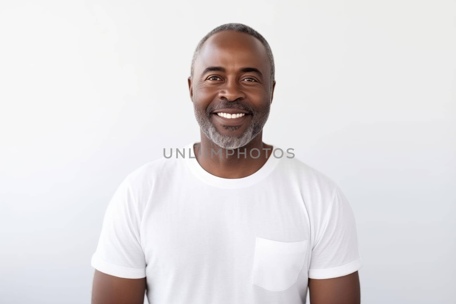 Portrait of handsome happy smiling mature african man with toothy smile, bearded, looking at camera on white studio background