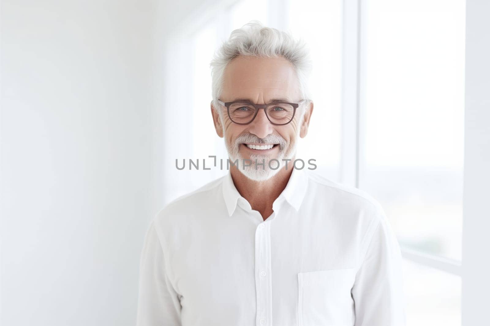 Portrait of handsome happy smiling mature man with toothy smile, gray hair, bearded, looking at camera on white studio background