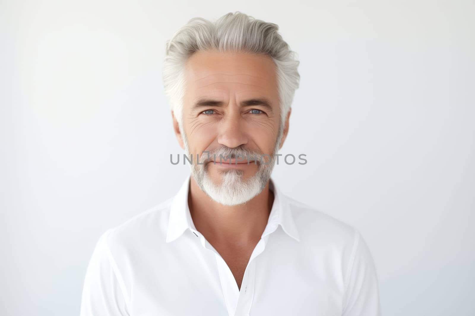 Portrait of handsome happy smiling mature man with toothy smile, gray hair, bearded, looking at camera on white studio background