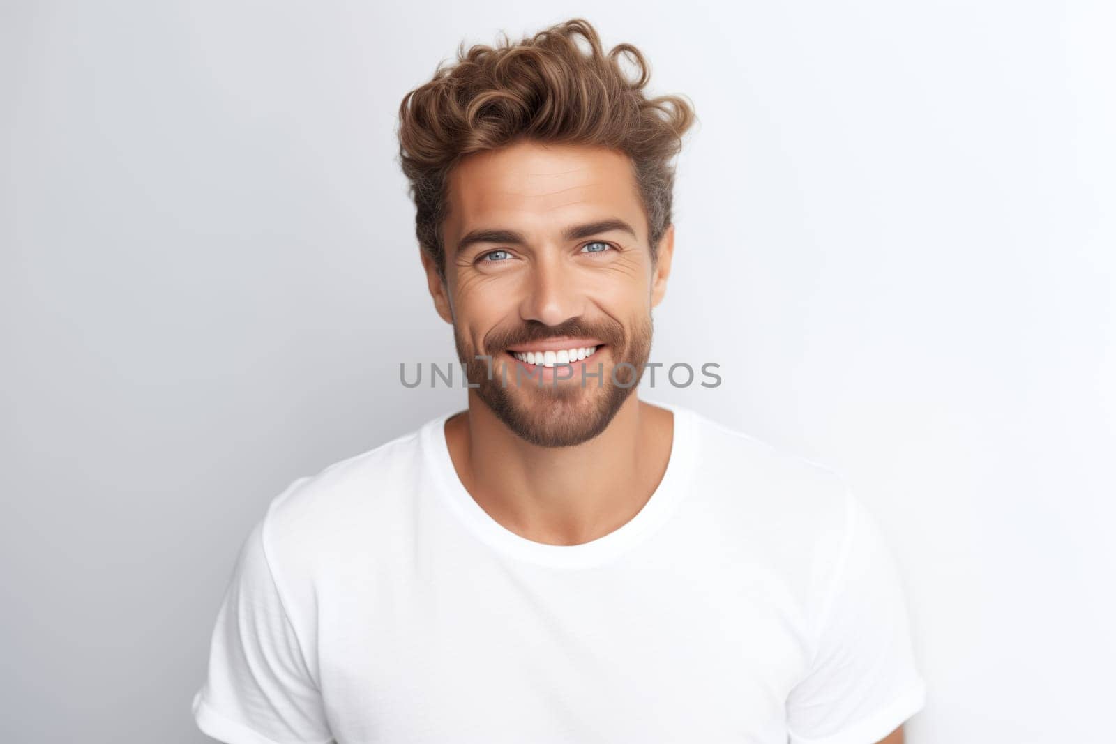 Portrait of handsome happy smiling young man in t-shirt with toothy smile, bearded, looking at camera on white studio background