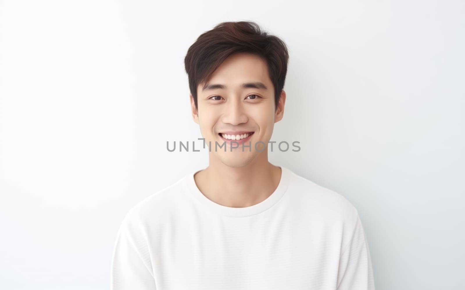Portrait of handsome happy smiling asian young man in t-shirt with toothy smile looking at camera on white studio background