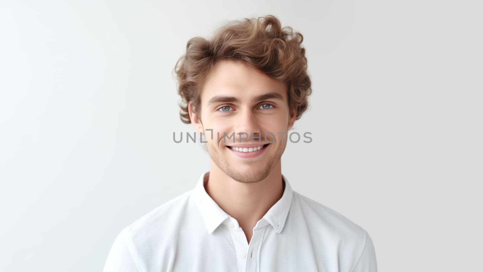 Portrait of handsome happy smiling young man in t-shirt with toothy smile looking at camera on white studio background