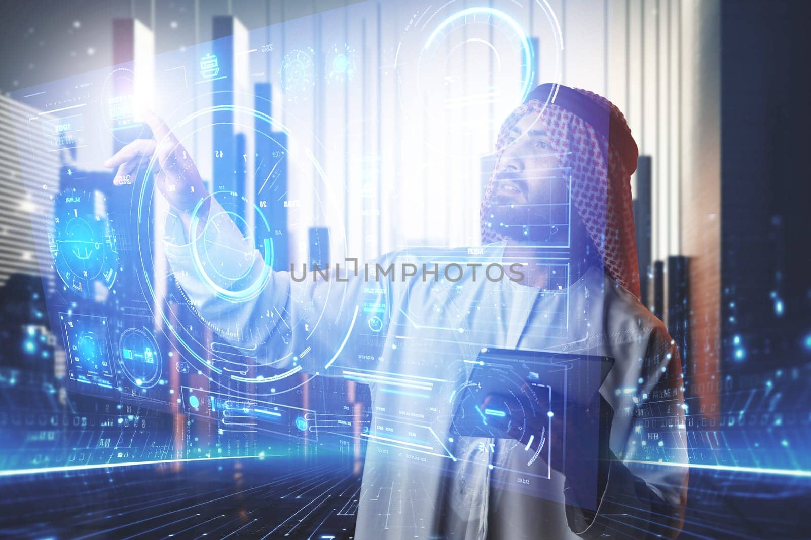 Muslim businessman working with floating data visualization screen. Futuristic business concept