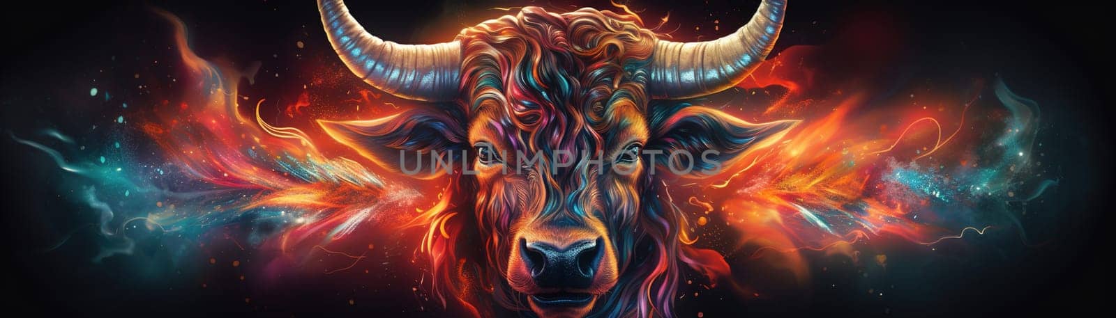 Sign of the zodiac Taurus in vibrant, holographic colors. Embodying strength and mysticism with a touch of surrealism. Astrological sign bull. Horoscope. Panoramic banner. Generative AI