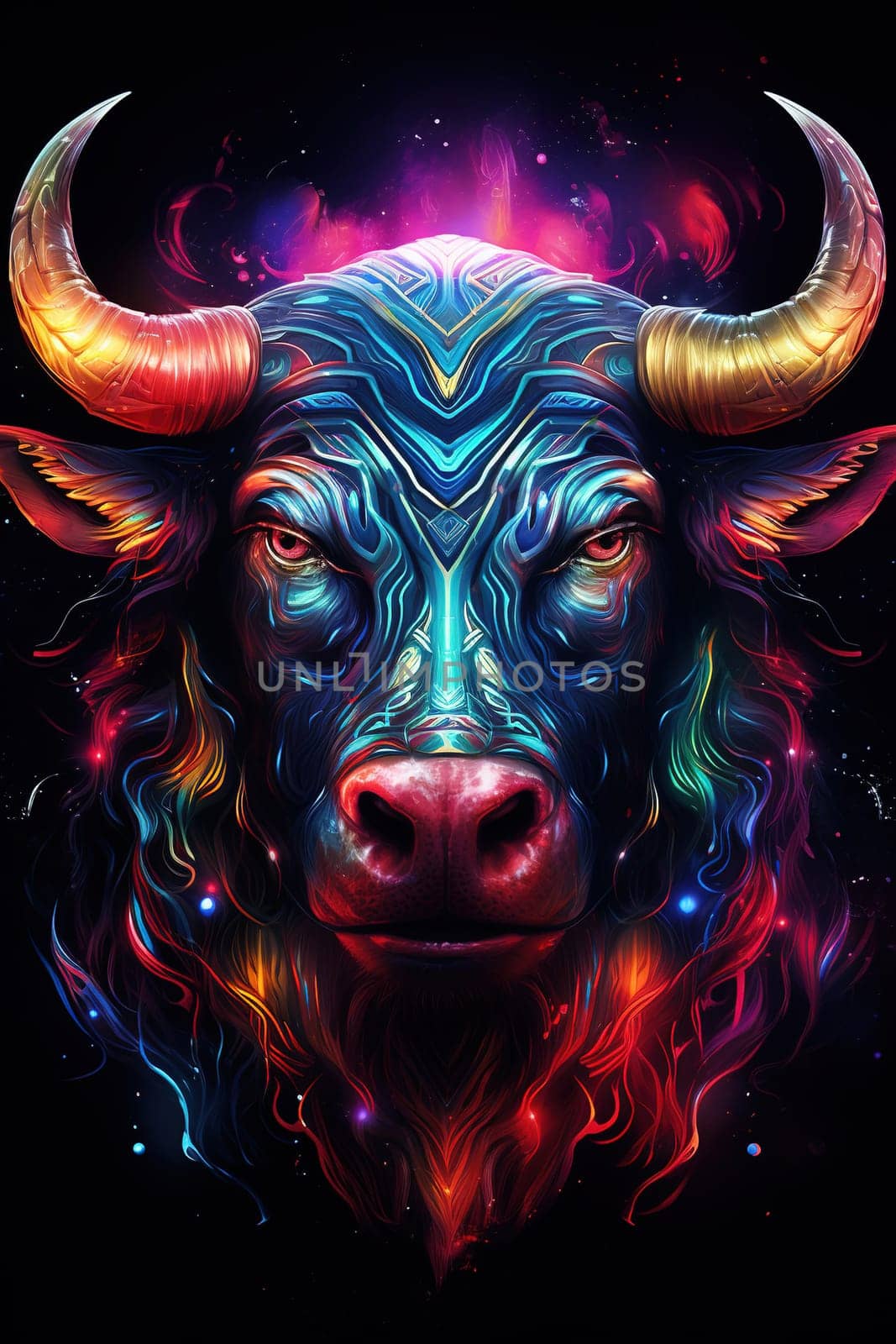 Sign of the zodiac Taurus in vibrant, holographic colors. Embodying strength and mysticism with a touch of surrealism. Astrological sign bull. Horoscope. Vertical format. Generative AI