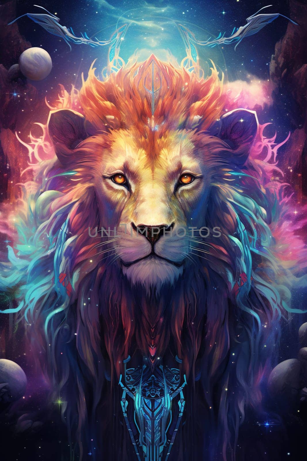 Sign of the zodiac Lion in vibrant, holographic colors. Embodying strength and mysticism with a touch of surrealism. Astrological sign Leo. Horoscope. Vertical picture. Generative AI
