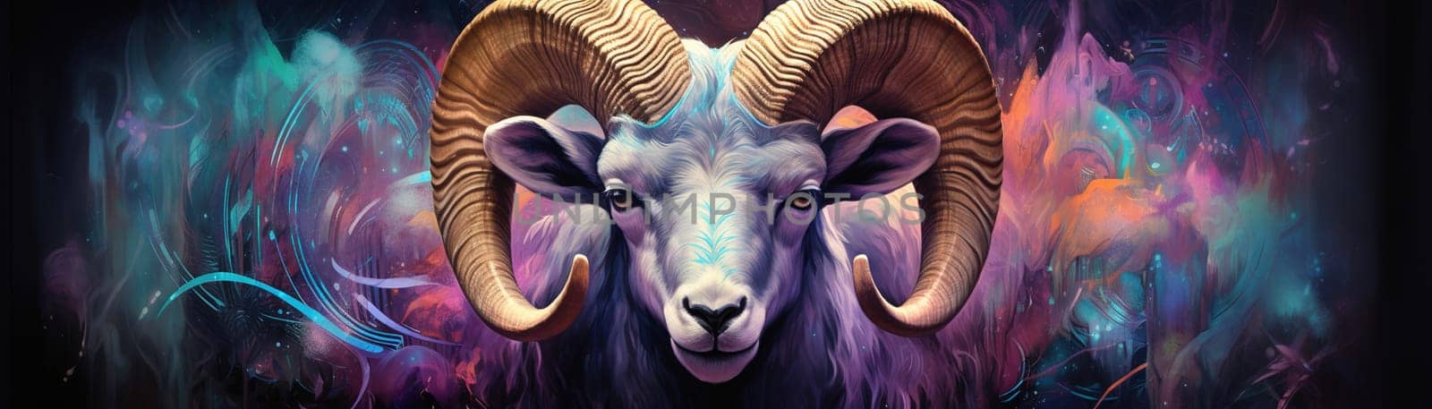 Sign of the zodiac Aries in vibrant, holographic colors. Mysticism with a touch of surrealism. Astrological sign ram on colorful background. Horoscope. Panoramic banner. Generative AI