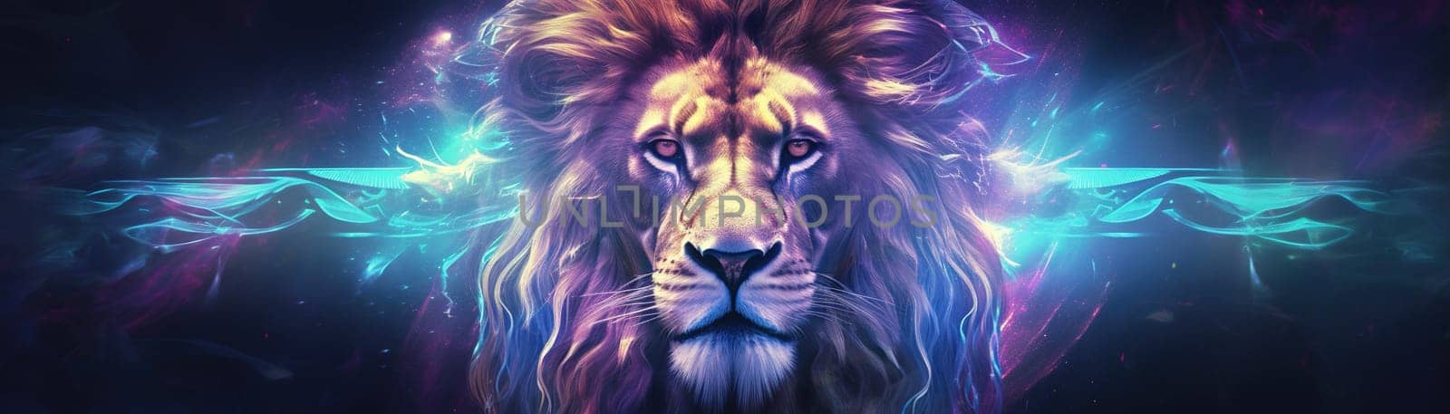 Sign of the zodiac Lion in vibrant, holographic colors. Embodying strength and mysticism with a touch of surrealism. Astrological sign Leo. Horoscope. Panoramic banner. Generative AI
