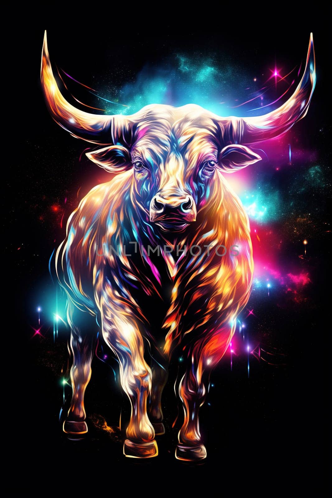 Sign of the zodiac Taurus in vibrant, holographic colors. Embodying strength and mysticism with a touch of surrealism. Astrological sign bull. Horoscope. Vertical format. Generative AI