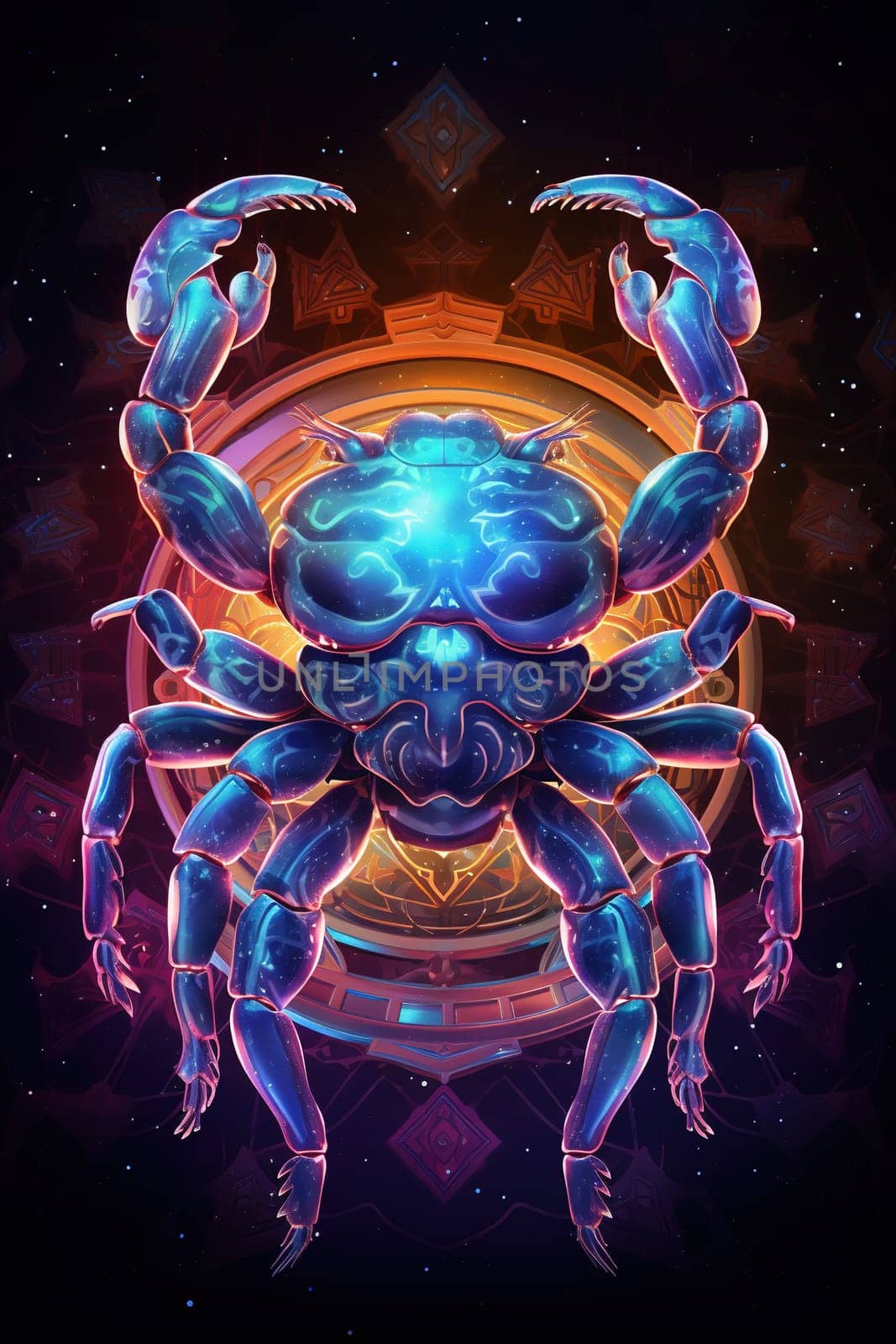 Sign of the zodiac Cancer in vibrant, holographic colors. Mysticism with a touch of surrealism. Astrological sign crab on dark background. Horoscope. Vertical format. Generative AI
