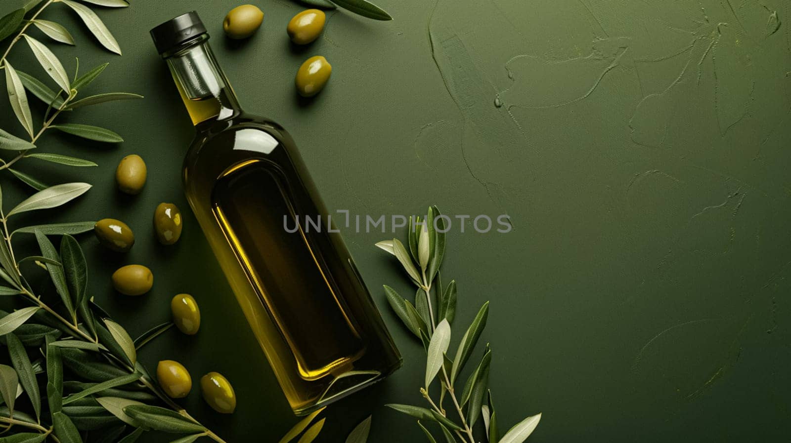 Olive oil bottle ad background with copyspace, vegetable oil commercial produce, food industry and retail concept