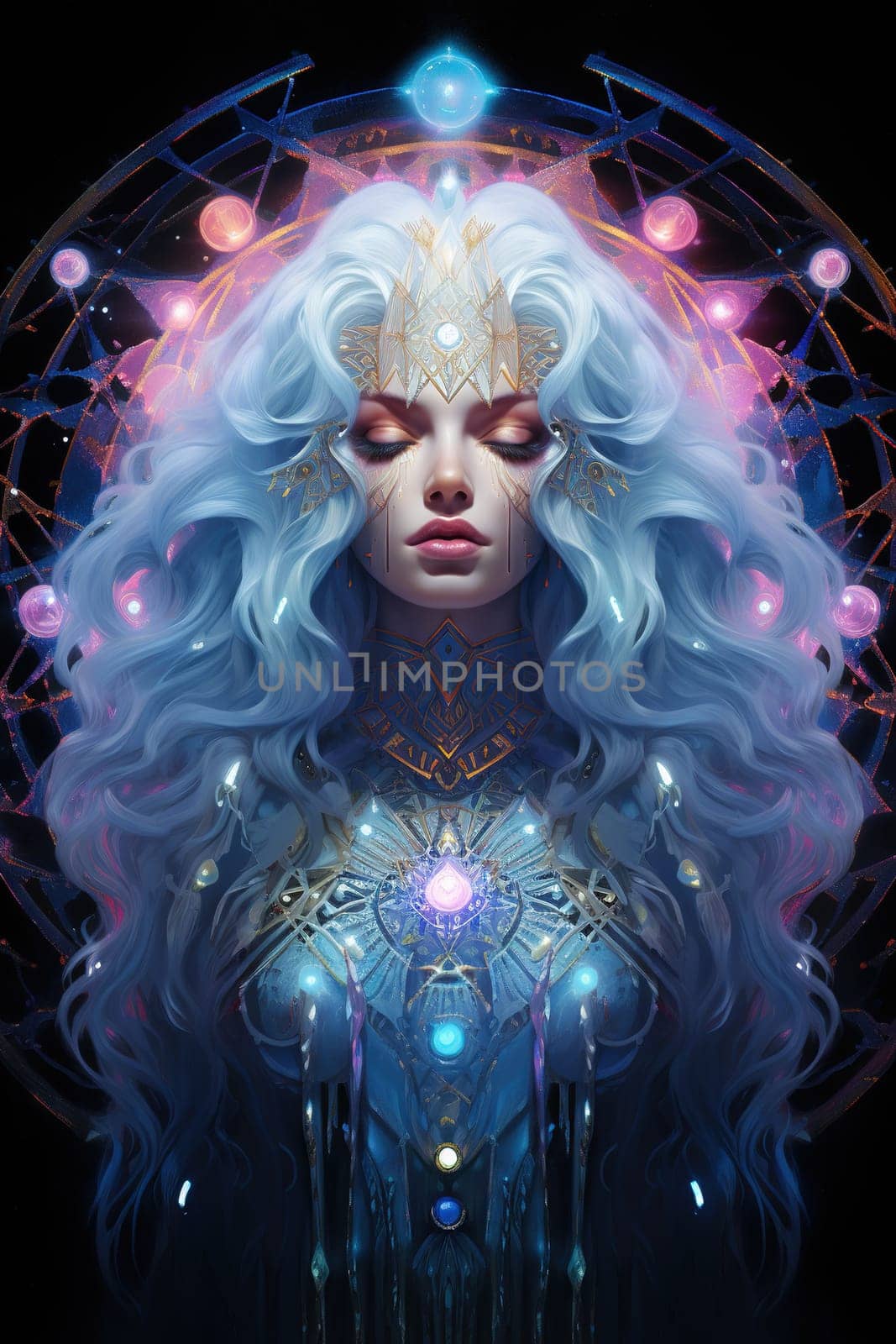 Sign of the zodiac Virgin in vibrant, holographic colors. Mysticism with a touch of surrealism. Astrological sign Virgo on dark background. Horoscope. Vertical format. Generative AI