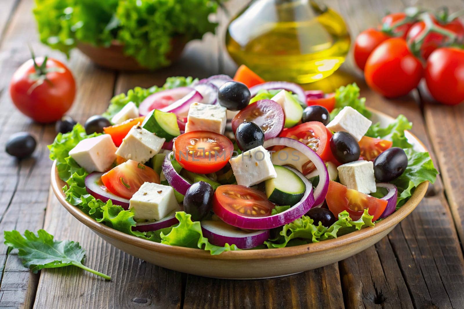 Greek salad of cucumber, tomato, sweet pepper, lettuce, red onion, feta cheese and olives with olive oil. Ai generated image