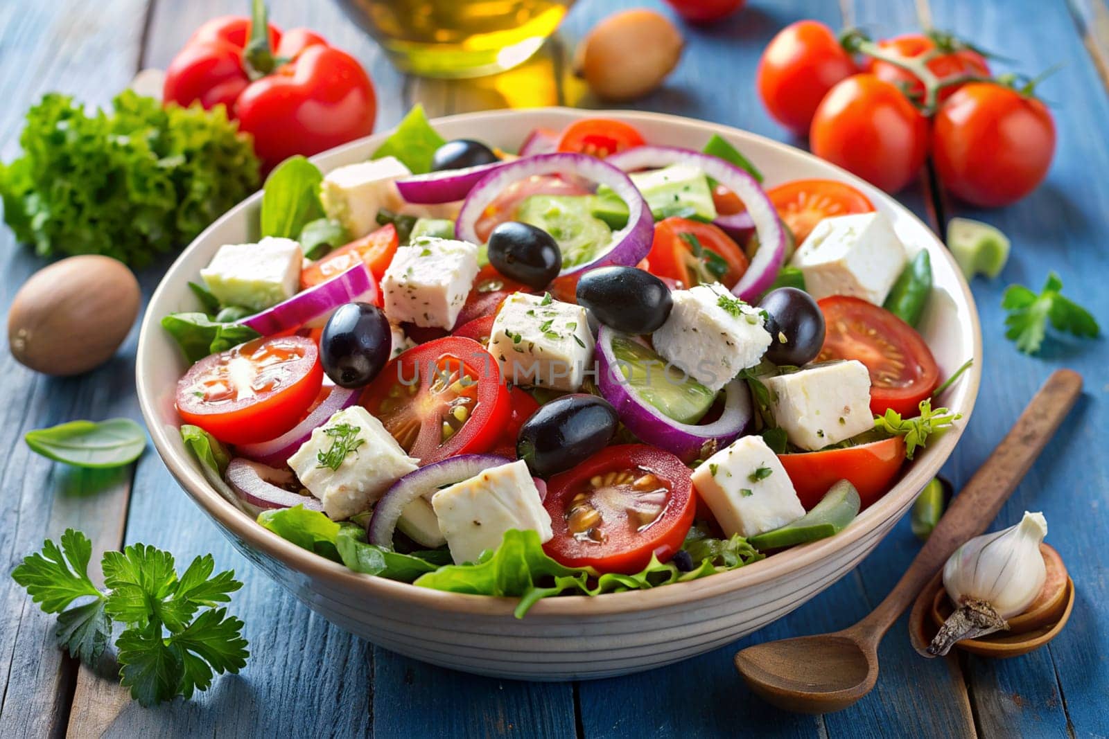 Greek salad of cucumber, tomato, sweet pepper, lettuce, red onion, feta cheese and olives with olive oil on blue wooden table. Ai generated image