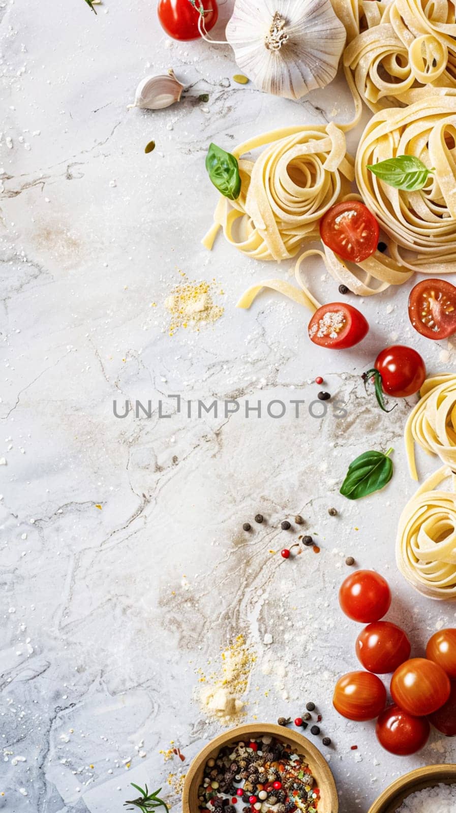 Pasta recipe preparation flatlay background with ingredients, spaghetti, olive oil, garlic, tomatoes and spices in the kitchen, homemade food recipe idea