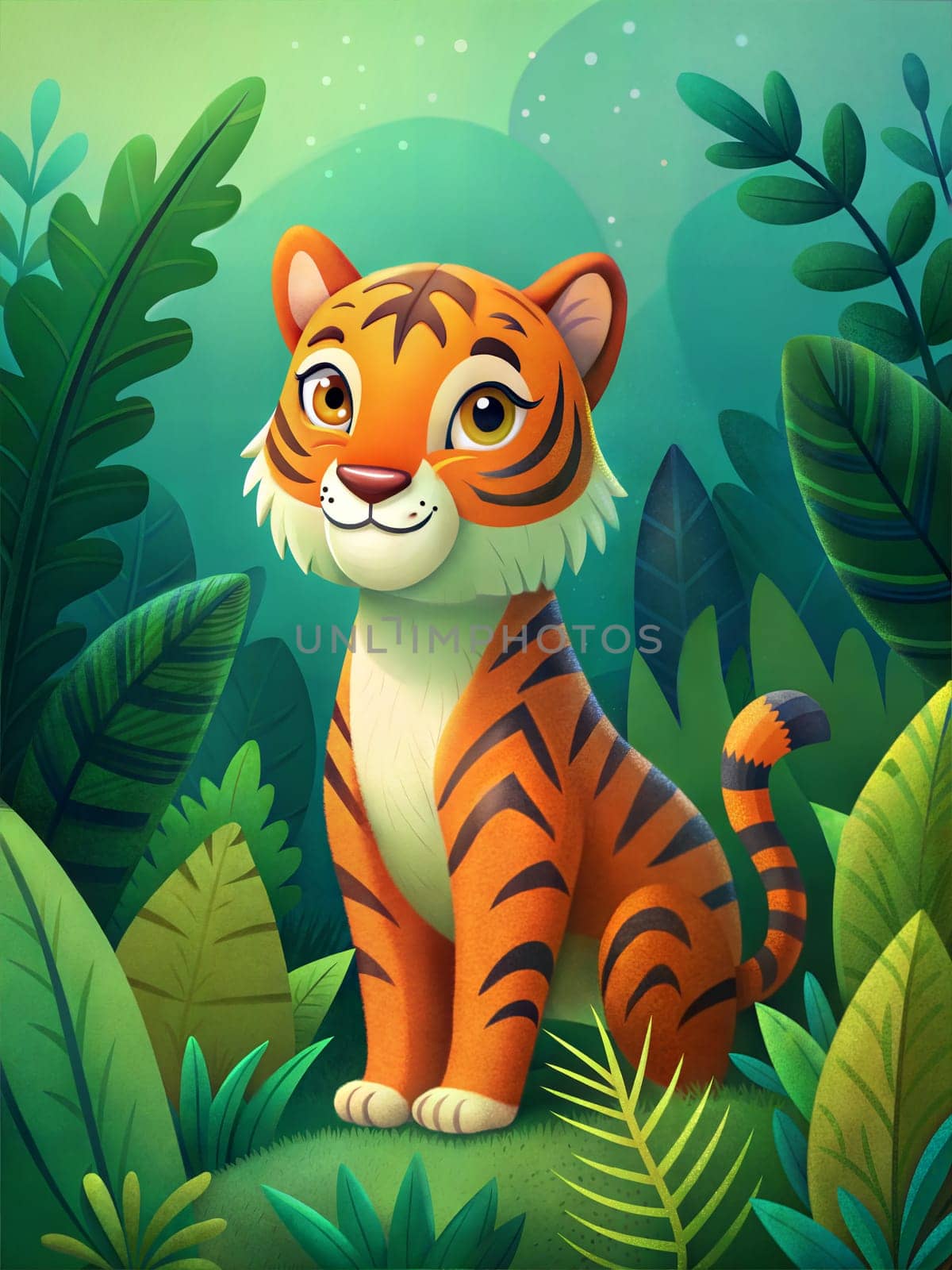 Cute little tiger sitting in a jungle. Ai generated by alenamoore