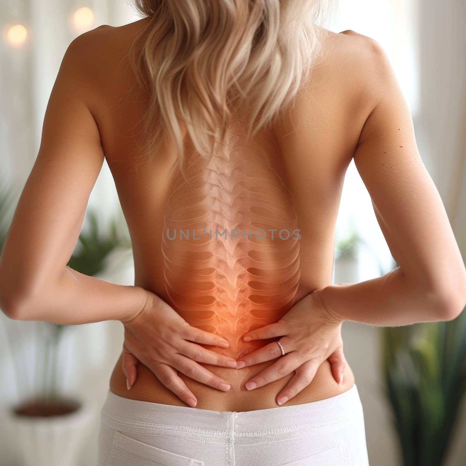 Back view of a woman with a backache and pain is shown with her hands on her back.