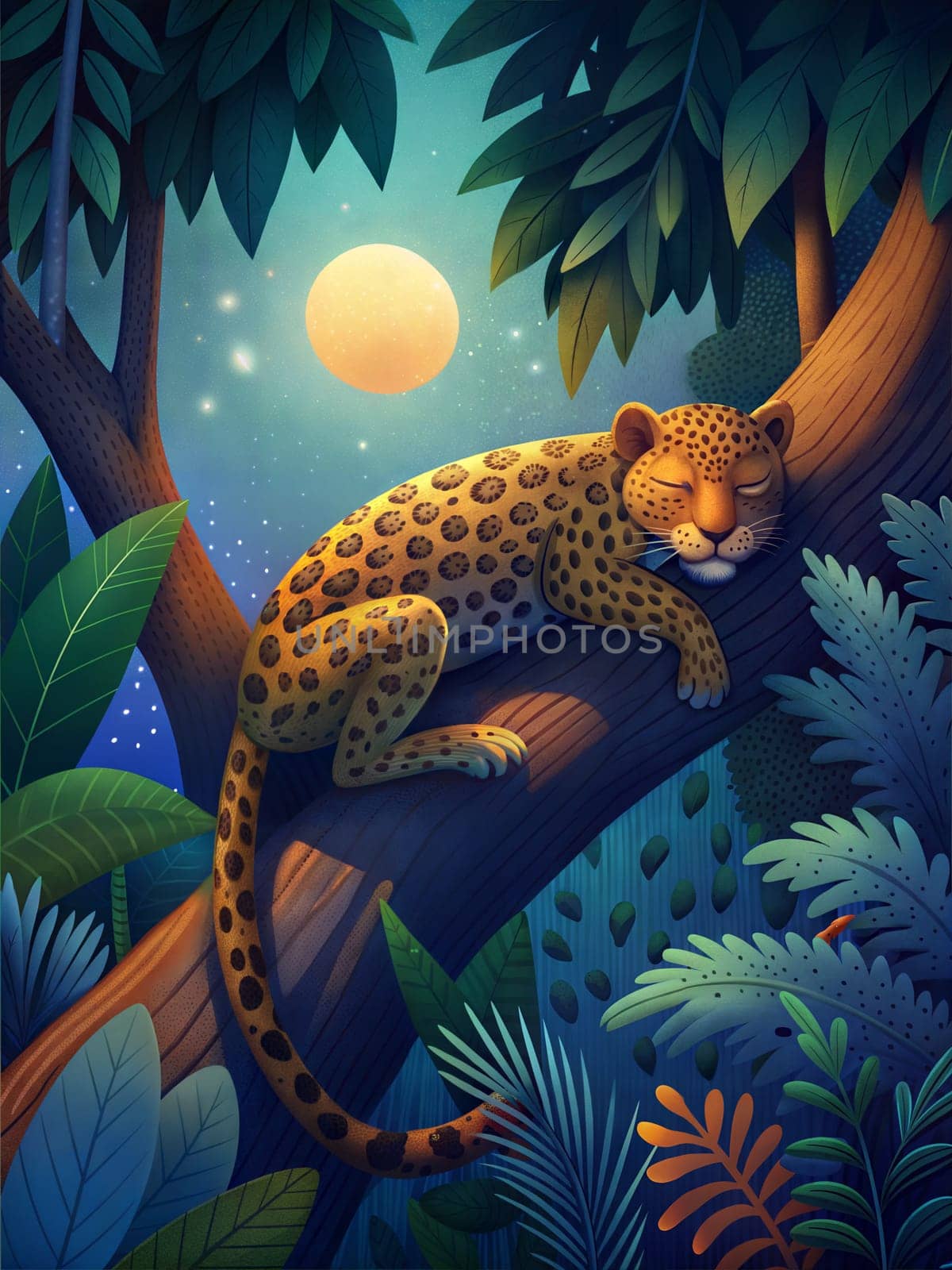 Cute jaguar or leopard sleeping on tree branch at night in jungle. Cartoon character on background. Ai generated illustration