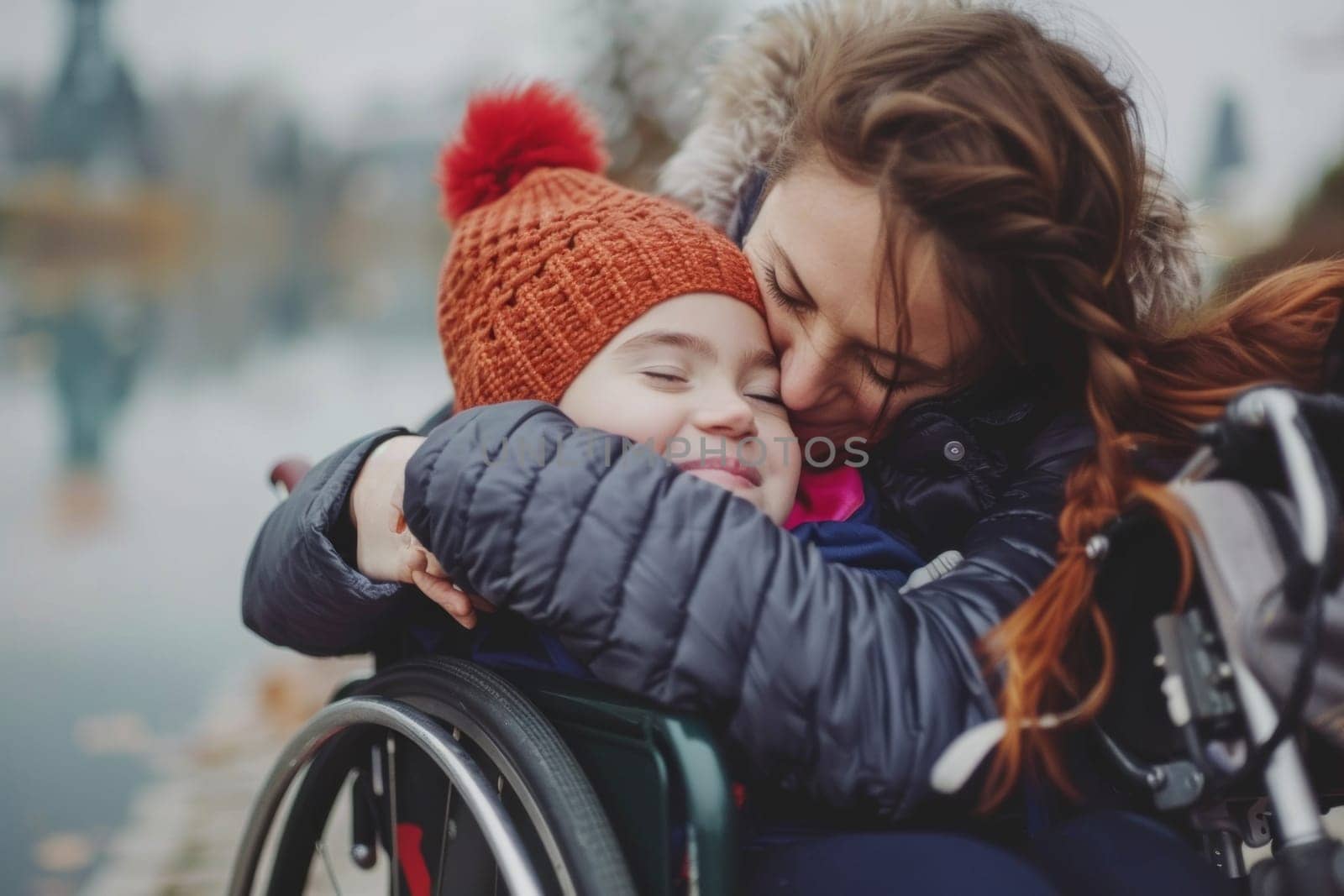 Portrait of a woman mother is hugging her disabled child in a wheelchair.