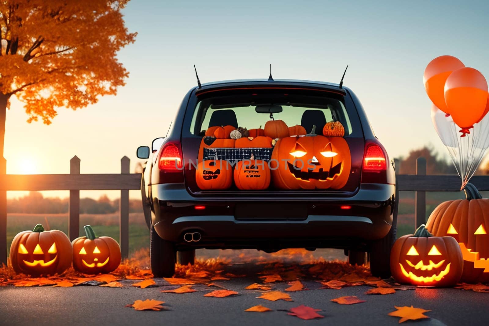 A large car decorated for Halloween with cobwebs, pumpkins, orange balloons and sweets. The concept of a creative outdoor event in autumn.