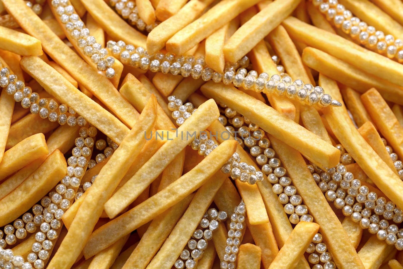 French fries with gems and crystals. Luxury fast food concept. French fries crown. Ai generated image